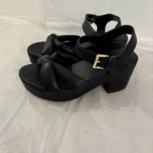 Black SO Faux Leather Block Heels 3” Sandal Clogs Knot Bow Detail SZ 7 M Padded